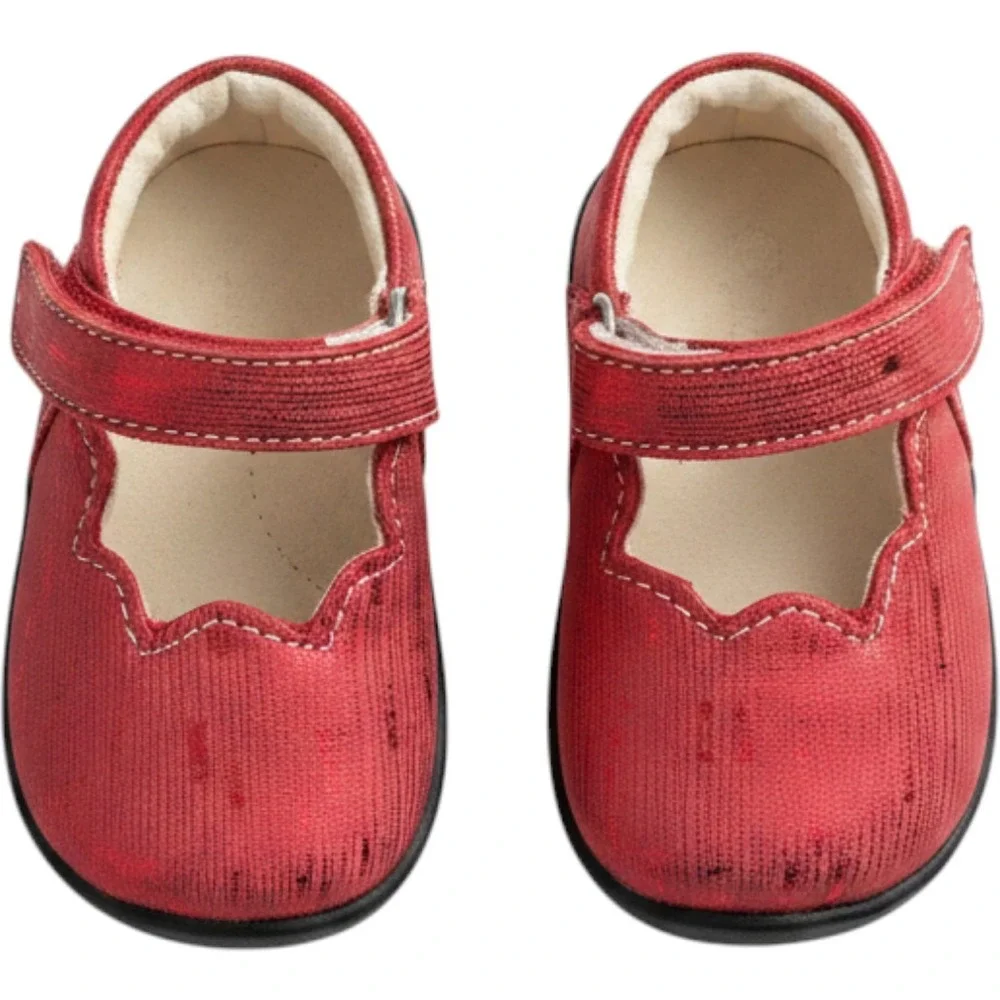 See Kai Run Susie INF Red Metallic Mary Jane Shoes Size 3 Infant Scalloped Trim